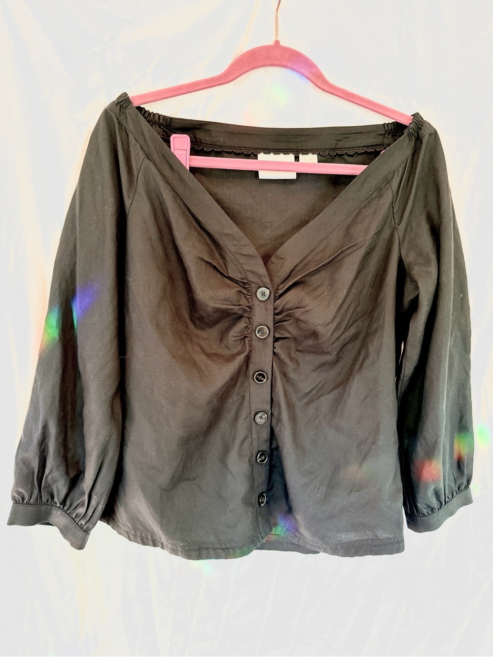 Maeve Anthropologie Black Button-Front V-Neck off Shoulder Blouse